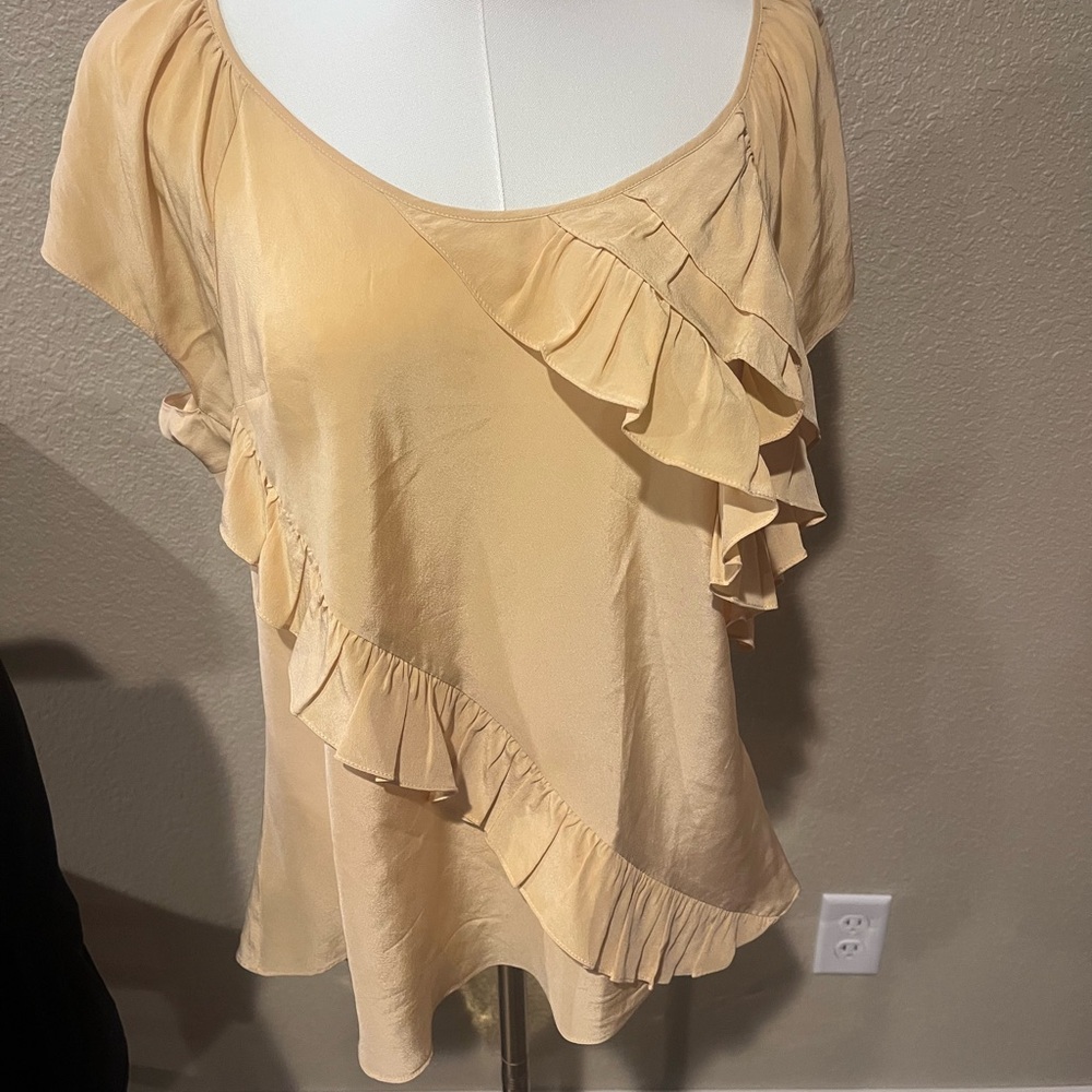 Light Peach all Silk Ruffle V-Neck Blouse for Women